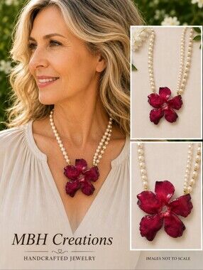 #407 HAND CRAFTED Necklace handcrafted Flower Resin Red Glasd Pearls